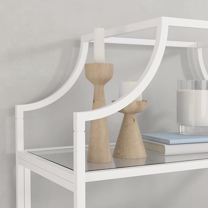 Sauder International Lux Book Shelf 5 Tier Modern Metal Multipurpose Bookcase with Glass Shelving, in White