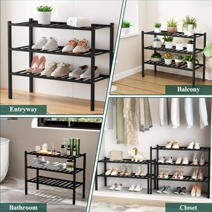 Smiry Shoe Rack, 5 Tier Bamboo Shoe Organizer, Stackable Free Standing Wooden Shoe Storage Shelf for Closet, Entryway, Front Door Entrance, Black