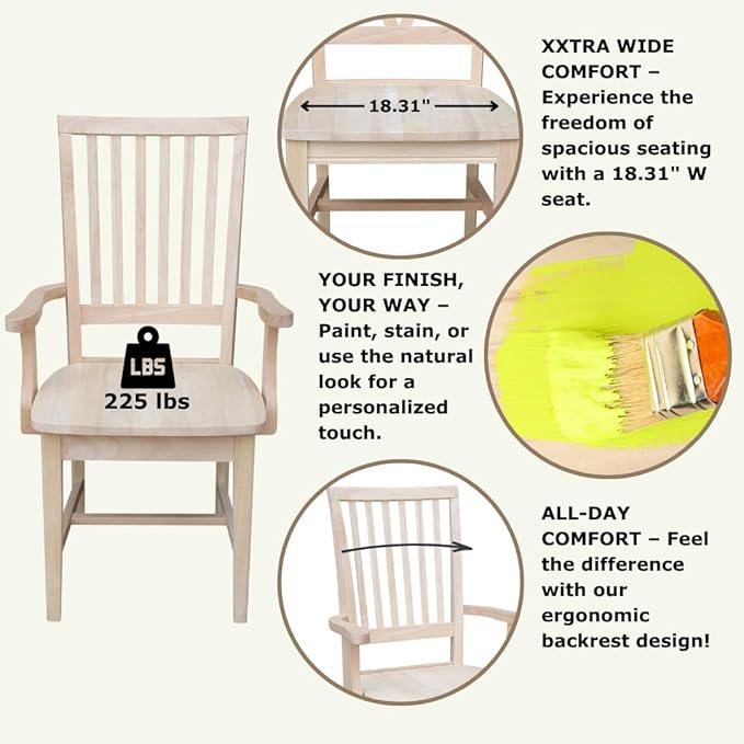 IC International Concepts Mission Side Chair with Arms Solid Parawood, Box Seat Construction, Kitchen/Dining, 22"W x 21"D x 39"H, 225 Lbs Wt. Capacity, DIY, Paint/Stain In Any Color, Unfinished