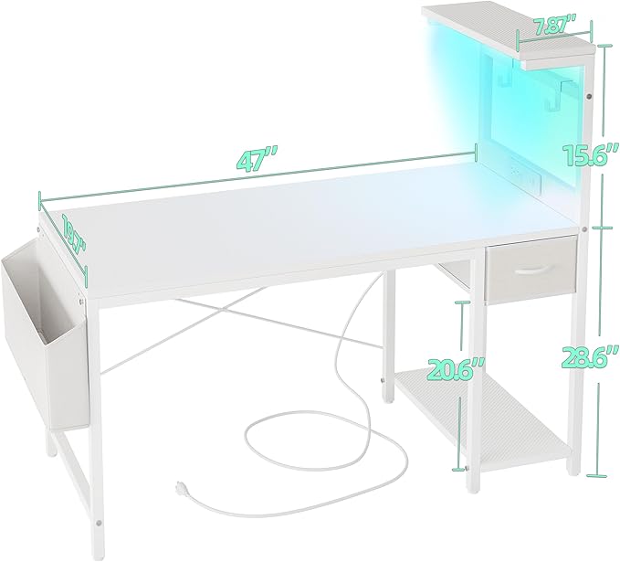 TIQLAB Gaming Desk 47 inch with Power Outlet and LED Light, Computer Desk with Reversible Shelves and Storage Drawer, Small PC Desk for Home Office Table with Bag, Carbon Fiber White