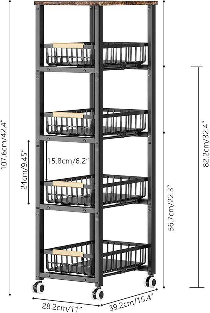 Kitchen Storage Cart Slim Rolling Cart On Wheels,5-Tier Skinny Kitchen Island Utility Organizer Storage Cart with Pull-Out Baskets and Wood Top,Mesh Fruit Basket Cart with Handle