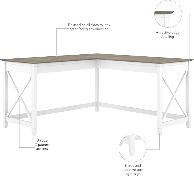 Bush Furniture Key West 60W Modern Farmhouse L Shaped Desk in Pure White and Shiplap Gray | 60-Inch Corner Table for Home Office