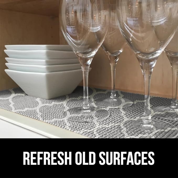 GORILLA GRIP powerGRIP Drawer Shelf and Cabinet Liner, Thick Strong Hold, Non-Adhesive Liners Protect Kitchen Cabinets and Cupboard, Bathroom Drawers, Easy Install, Breathable Mat, 12" x10' Quatrefoil
