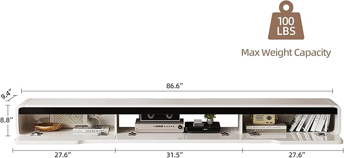 High Gloss Floating TV Stand with 3 Doors,86'' Wall Mounted TV Cabinet,Under TV Console,Floating Media Shelft for Bedroom Living Room(White)
