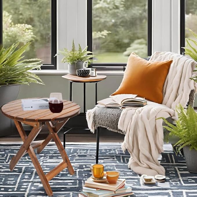 Outdoor Patio Side Table Set of 2 Small Folding Wood Round End Table Coffee Furniture for Living Room, Bedroom, Plant Stand, Camping Portable Brown