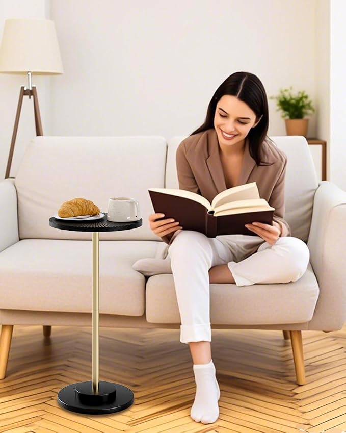 Round Side Table, Small Drink Table for Small Spaces, Modern Accent End Table Coffee Table with Metal Leg for Living Room, Bedroom, Corners, and Office (Black Gold)