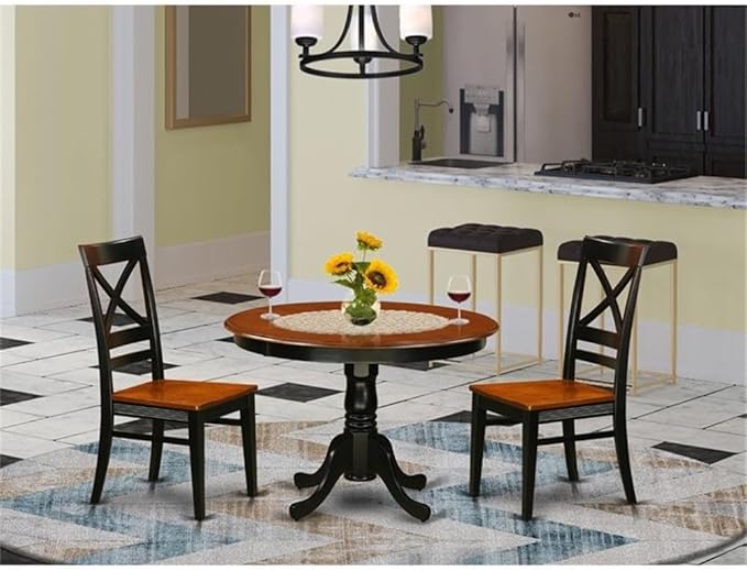 East West Furniture HLQU3-BCH-W 3 Piece Dining Table Set for Small Spaces Contains a Round Dining Room Table with Pedestal and 2 Wooden Seat Chairs, 42x42 Inch, Black & Cherry