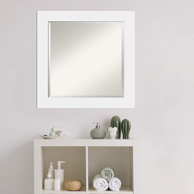 Amanti Art White Bathroom Mirror for Over Sink, 25x25 Corvino White Square Vanity Mirror, Medium Modern Contemporary Wood Frame, Hangs Horizonally and Vertically, Bathroom Wall Decor, Beveled Edge