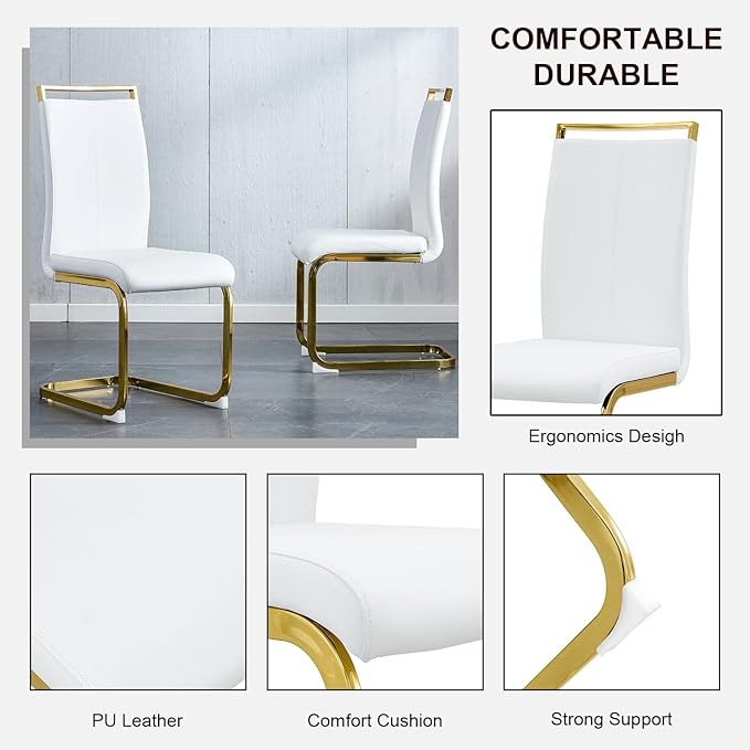 Modern Dining Chairs Set of 6,High Back White Kitchen Chairs,Faux Leather Side Chair with Gold Plated Metal Legs,Easy to Clean Upholstered Dining Chairs,Ideal for Living Room(Gold Leg)