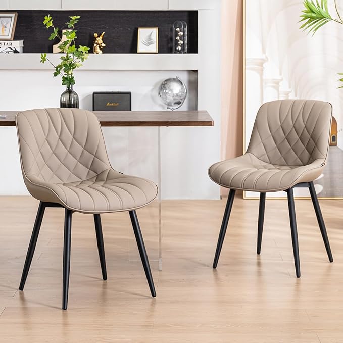 YOUNUOKE Dining Chairs Set of 2 Mid Century Modern Kitchen Chair Comfortable Upholstered Faux Leather Dinner Chairs for Kitchen Dining Room, Khaki