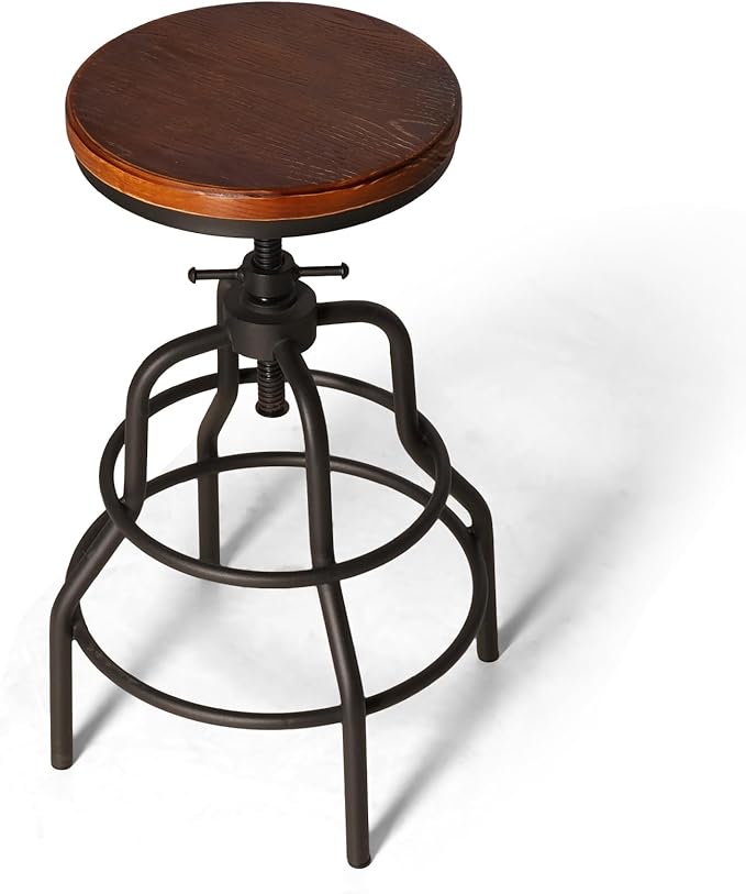 LOKKHAN Vintage Industrial Barstools - 13.8" Dia Round Wooden Brown Seat - Black Metal Base - Adjustable Height: 23.6"-29.5" / Minimalist Design/Raw Rustic Look/Rotating Top Bar Chairs, Set of 4