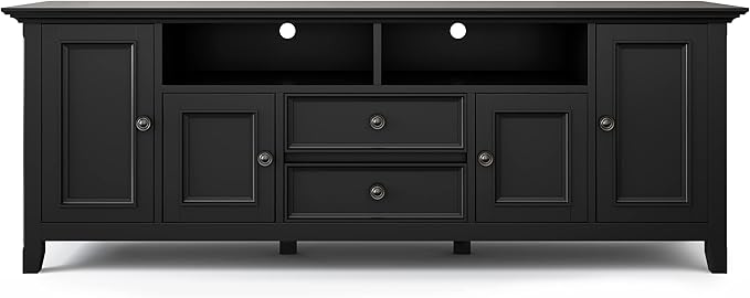 SIMPLIHOME Amherst 72-inch Wide Solid Wood TV Stand in Black, Transitional-Style Media Console for Living Room with Cable Management and Adjustable Shelves, Fits 80" TVs