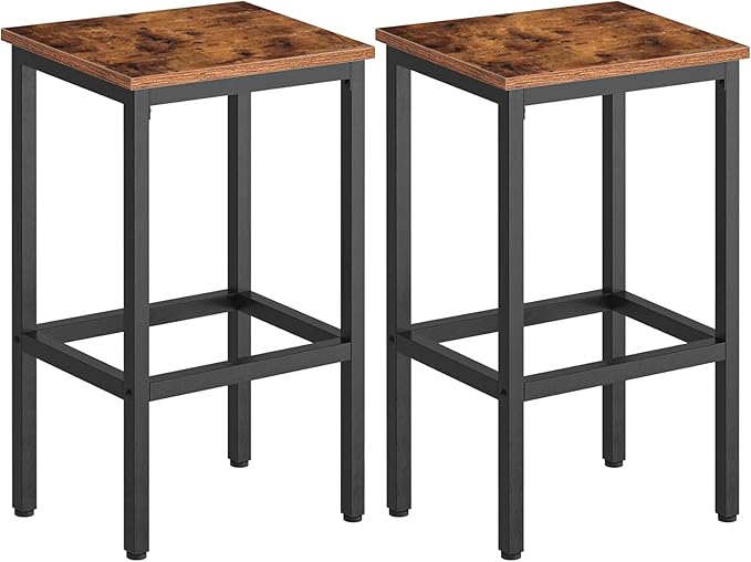 HOOBRO Bar Stools, Set of 2 Bar Chairs with Footrest, Black Steel Frame, Adjustable Feet, for Living Room, Dining Room, Kitchen, Industrial Design, Rustic Brown BF65BY01G1