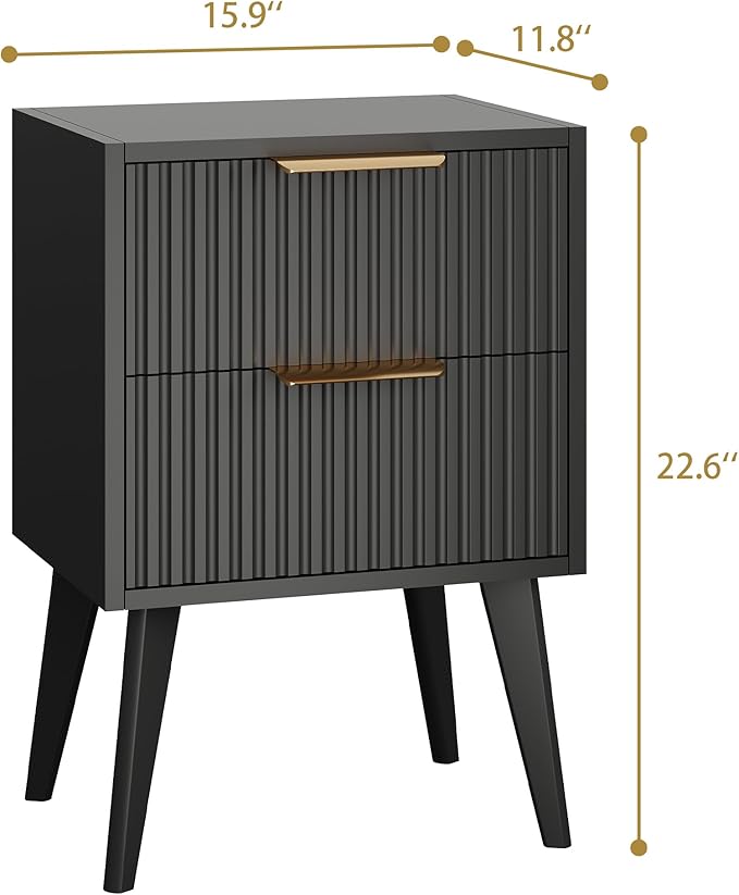 Fluted Nightstand with 2 Drawers,Modern Bedside Table with Metal Handles,White Side Table with Solid Wood Legs,Mid Century End Table for Living Room,Bedroom,Black CTG55BK