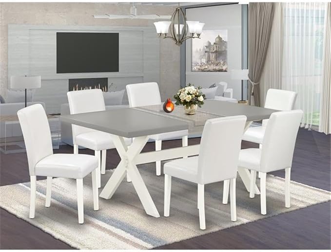 East West Furniture X097AB264-7 7 Piece Dining Table Set Consist of a Rectangle Dining Room Table with X-Legs and 6 White Faux Leather Upholstered Chairs, 40x72 Inch, Multi-Color