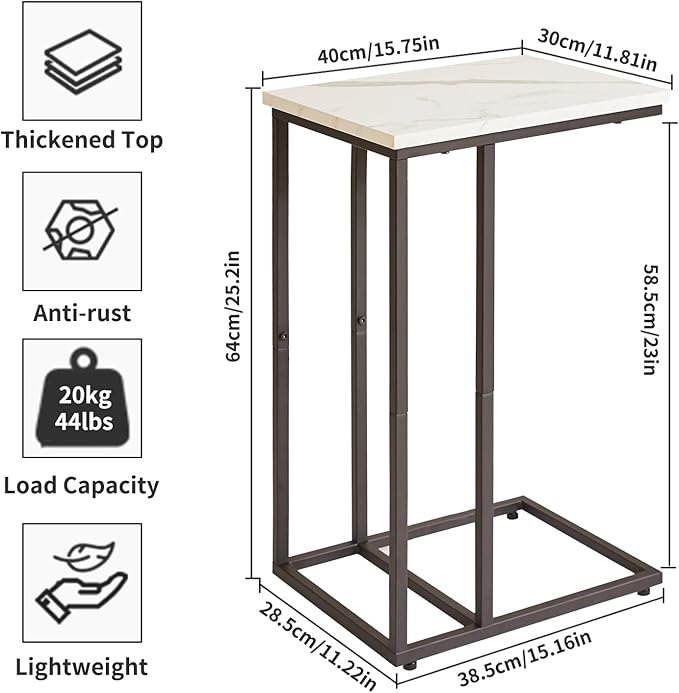 Side Table Small End Table C Shaped, Slide Under Laptop Desk for Couch, Living Room Side Table Set of 2, TV Trays for Eating on Couch, Faux Marble+Black YD-TM051B-2