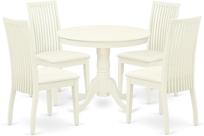 East West Furniture ANIP5-LWH-C 5 Piece Kitchen Table & Chairs Set Includes a Round Dining Room Table with Pedestal and 4 Linen Fabric Upholstered Chairs, 36x36 Inch, Linen White
