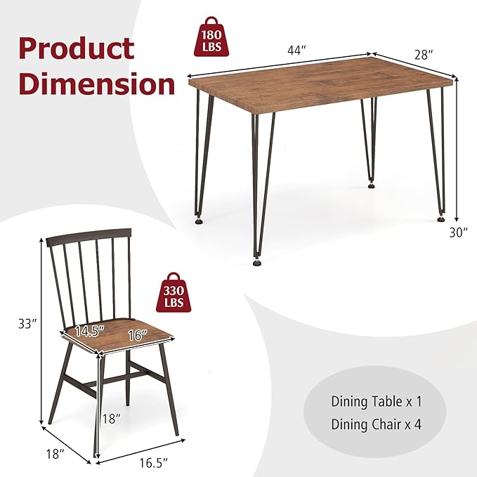 Tangkula Dining Table Set for 4, Kitchen Table and Chairs Set of 4 w/Metal Frame, 360° Swivel Feet, Space-Saving Dinette Table Set for Living Room, Restaurant, Breakfast Nook (Teak)