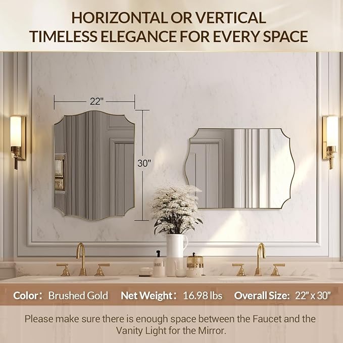 Gold Mirror for Bathroom, Gold Scalloped Bathroom Mirror, Vintage Vanity Mirror, Irregular Mirror in Stainless Steel, 22 x 30 Antique Brass Mirror, Wall Mounted Mirrors with Curved Edge