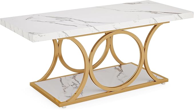 Tribesigns Rectangle Coffee Table, 46.45-inch Modern Coffee Tables for Living Room, 2-Tier Faux Marble Wood Coffee Table with Geometric Legs, Furniture with Storage Shelf (White & Gold)