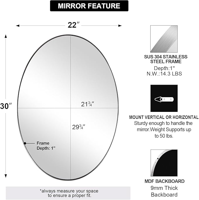 ANDY STAR Brushed Nickel Oval Mirrors for Bathroom, 22x30 Inch Silver Stainless Steel Metal Framed Oval Wall Mirror, Modern Vanity Mirror Wall Mount Horizontal or Vertical