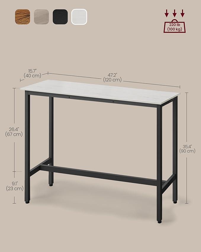 VASAGLE Bar Table, Narrow Long Kitchen Dining Table, Sturdy Metal Frame, Industrial, 15.7 x 47.2 x 35.4 Inches, Rustic White and Ink Black ULBT120B73