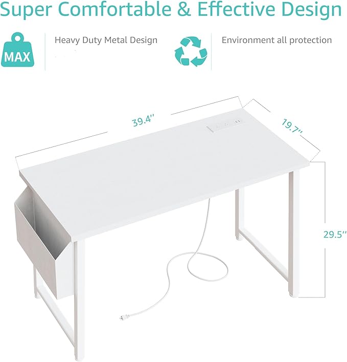Lufeiya White Computer Desk with Power Outlet, 40 inch Simple Teen Study Table Home Office Work Writing Desks with Charging Station Outlets USB Port Built in, Storage Pocket，White