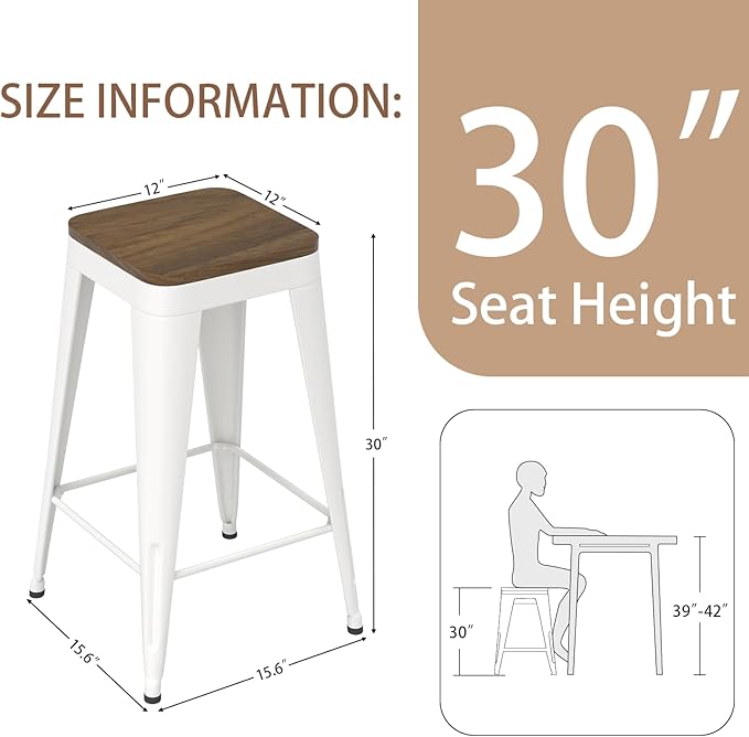 30 inch Backless Bar Stools Set of 4, Indoor Metal Bar Stools with Wood Seat, Industrial Counter Height Barstools for Kitchen Island, White