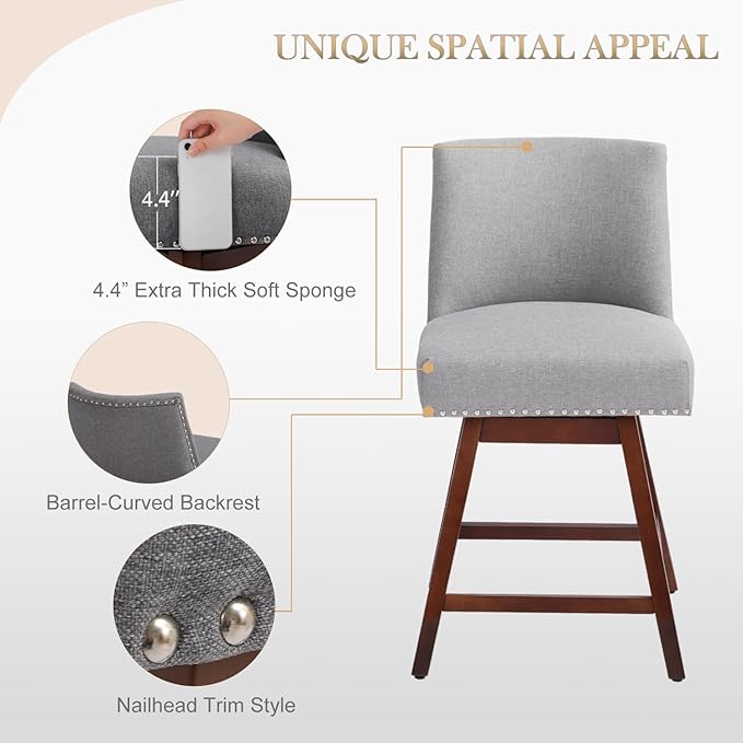Counter Height Barstools Set of 4,360° Swivel Bar Stools with Back,26 inch Modern Counter barstools,Upholstered Bar Tall Stools for Kitchen Counter,Kitchen Island,Bar, Home (Light Gray, SET OF 4)