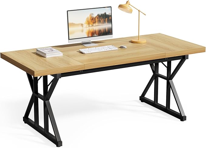 LITTLE TREE 70.8-Inch Large Executive Desk, Modern Computer Office Desk, Wooden Writing Desk Study Table for Home Office, Light Walnut-Black