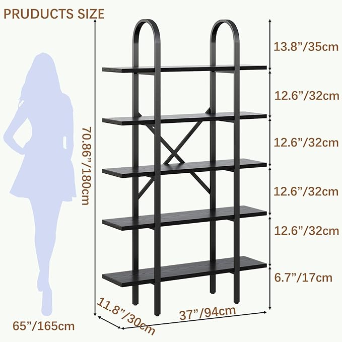 Wide Bookshelf Arched Bookcase, Industrial 5 Tier Open Book Shelves with Metal Frame, 72" Tall Freestanding Heavy Duty Display Rack for Home Office, Living Room,Black,Easy Assembly