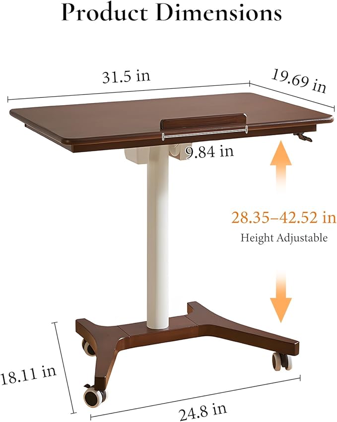 Adjustable Computer Desk, Solid Wood Folding Desk with Wheels, Mobile Home Office Laptop Table, Sit Stand Workstation, Rolling Desk, 28.35-42.52 H x 31.5 W x 19.69 D Inches, Walnut