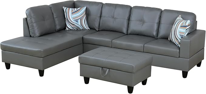 Osparple L Shaped Couch PU Leather Sectional Couches for Living Room Upholstered 3 Pieces Modular Sectional Sofa with Chaise, Ottoman with Storage for Living Room and Small Apartment, Dark Grey
