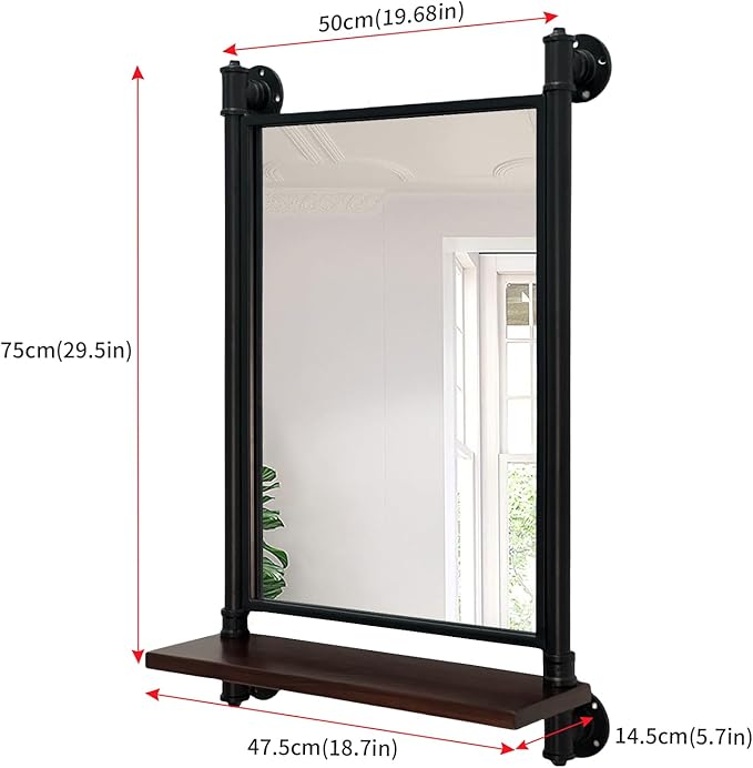 Industrial Pipe Mirror Wood Shelves,Bedroom Mirror with Shelf,Rectangle Iron Wall Mirrors for Living Room Bedroom(29.5x19.68)