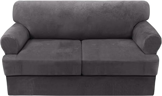 H.VERSAILTEX Sofa Cover 3 Piece T Cushion Loveseat Slipcovers Thick Velvet Couch Cover Stretch T Cushion Sofa Covers for 2 Cushion Couch with 2 Individual T Cushion Covers Washable, Grey