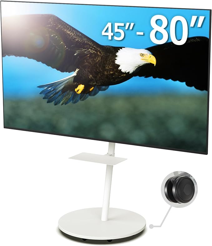 WALL Seven Stand A2 Grand | Rolling TV Stand for 45–80" w/ 15.75" AV Shelf | Satin White | Portable TV Stand with Shelf | Height Adjustable, Space Saving, for Living Room, Bedroom and Office