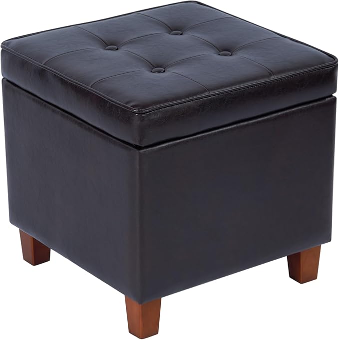 HomePop Leatherette Tufted Square Storage Ottoman with Hinged Lid, Brown Small