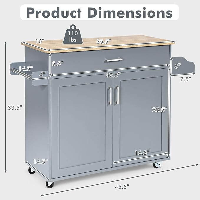 COSTWAY Kitchen Island On Wheels, Rolling Storage Trolley Cart with Large Cabinet, Drawer, Spice Rack and Towel Rack, Kitchen Serving Utility, 3-Position Adjustable Shelf (Grey)