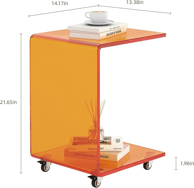 Modern C-Shaped End Table, Small Side Table, Acrylic Nightstand with Storage and Lockable Wheels for Living Room, Bedroom, Office, Bedside, Couch, and Sofa,13.38" D x 14.17" W x 21.65" H