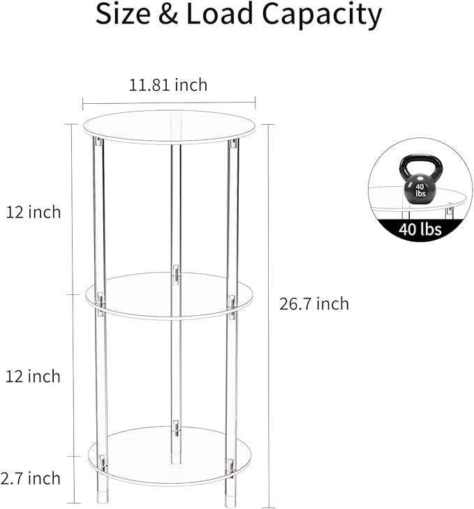Clear Round Acrylic Side Table for Small Spaces, 11.81" L x 11.81" W x 26.7" H, 3 Tier Small Modern Drink End Table Nightstand, Minimalist Bedside Table for Living Room, Bedroom, Bathroom