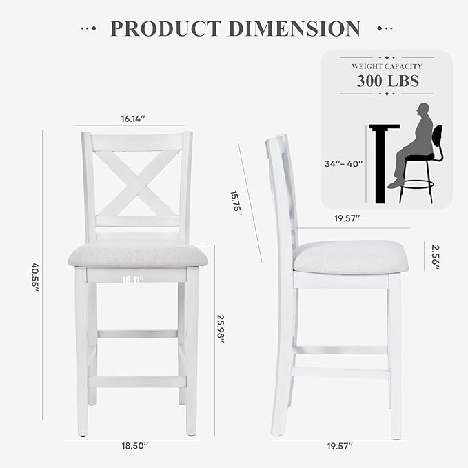 COLAMY Counter Height Bar Stools Set of 4, Kitchen Island Stools with Cross Back, Upholstered Counter Stools with Wood Legs, Modern Wooden Bar Stools for Kitchen Dining Room Bar, Grey White Wash