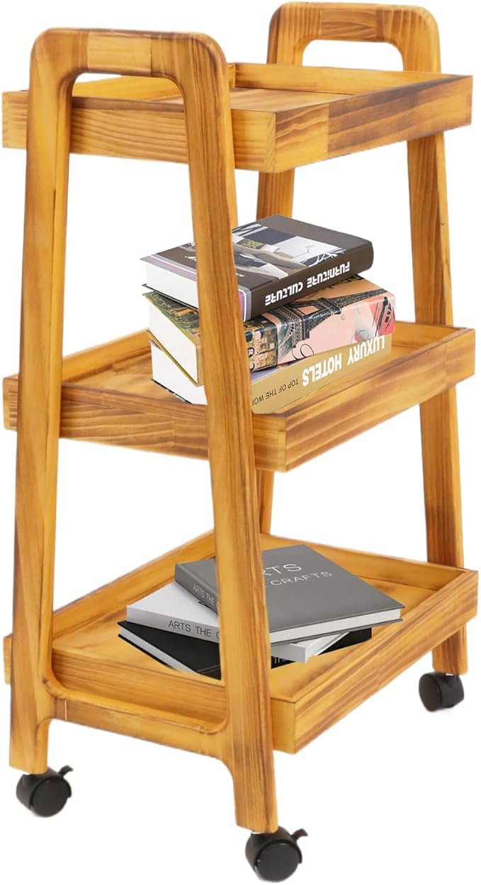 3-Tiers Ladder Shelf with Wheels, Wooden Rolling Cart,Solid Pine Wood Ladder Shelf, Side End Table for Artist,Storage Cart Organizer for Kitchen,Classroom, Living Room, Bathroom (Retro Yellow)
