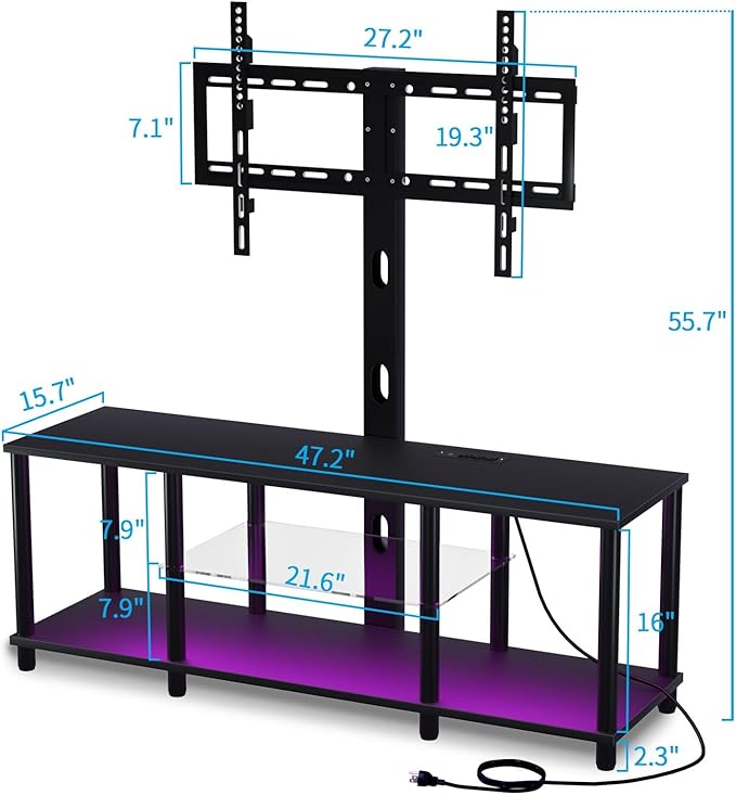 TV Stand with Mount and Led Light，Black TV Stand with Power Outlets for 32/40/43/50/55/60/65/70 Inch TV,Entertainment Center with Open Storage Shelf for Bedroom/Living Room/Office