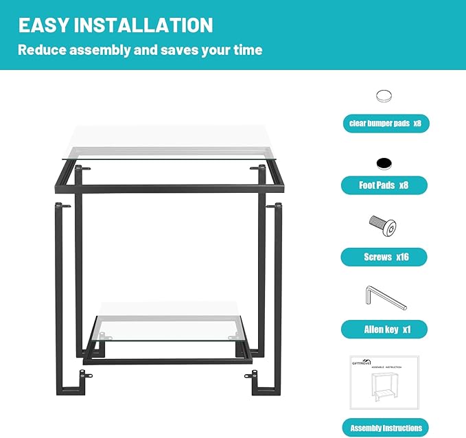2 Tier Rectangular Side Table, Black End Table with Glass Top, Modern Metal Clear Coffee Tables，Small Accent Tables for Living Room, Bedroom, 22" x 12.4" x 24"