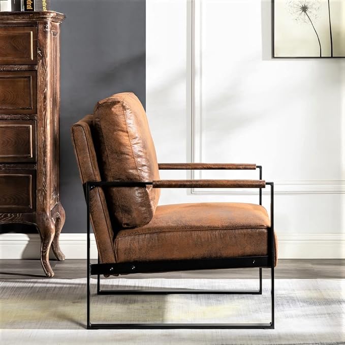 Container Furniture Classic Mid Century Modern Accent Chair with Durable Square Metal Frame, Armchair for Living Room, Bedroom, Home Office in Spotted Microfiber Upholstery, Light Brown