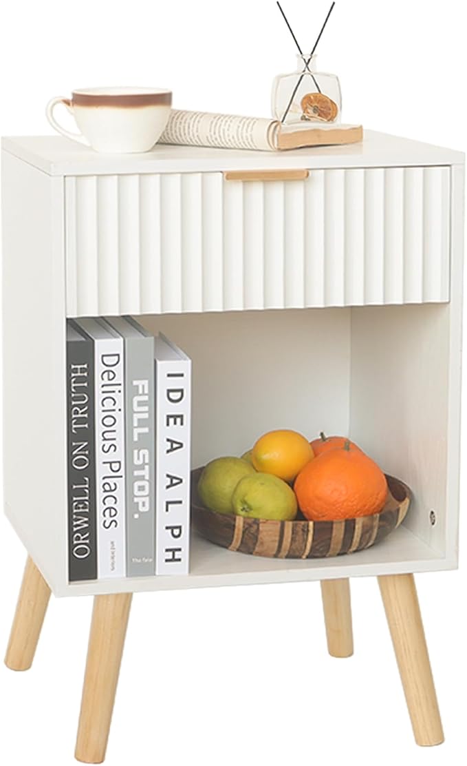 White Nightstand, Modern Bedside Table with Drawer and Opening Storage, Fluted End Side Table Living Room with Solid Wood Legs for Bedroom (White)