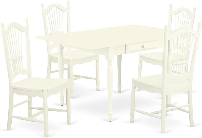 East West Furniture MZDO5-LWH-W 5 Piece Kitchen Table & Chairs Set Includes a Rectangle Dining Room Table with Dropleaf and 4 Dining Chairs, 36x54 Inch, Linen White
