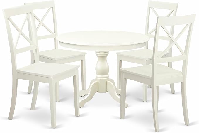 East West Furniture HBBO5-LWH-W 5 Piece Dining Room Furniture Set Includes a Round Kitchen Table with Pedestal and 4 Dining Chairs, 42x42 Inch, Linen White