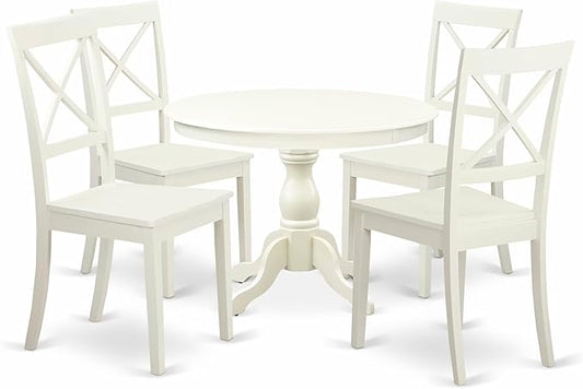 East West Furniture HBBO5-LWH-W 5 Piece Dining Room Furniture Set Includes a Round Kitchen Table with Pedestal and 4 Dining Chairs, 42x42 Inch, Linen White