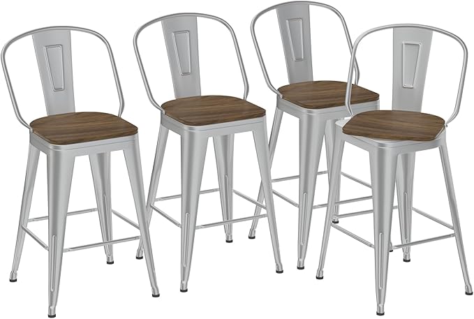 24” Swivel Bar Stools Set of 4, Counter Height Bar Stools Wooden Seat, Metal Industrial Bar Chairs with High Back for Kitchen Island (Silver)